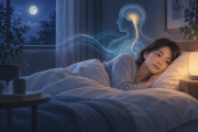 夜中に目が覚めて呼吸を整える人と自律神経を表したイメージ